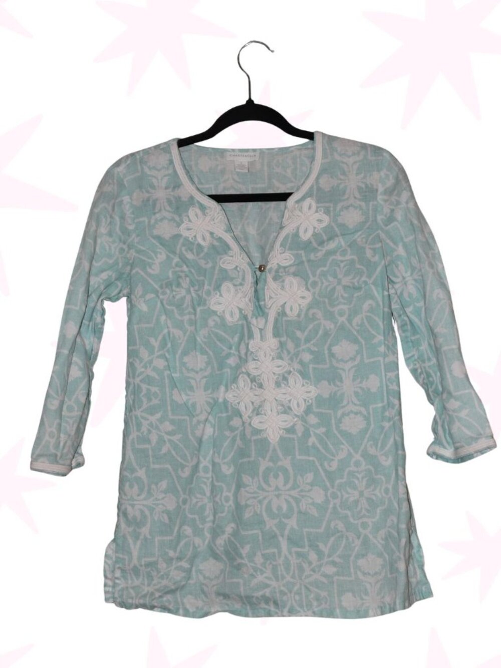 Charter Club 100% linen embellished v neck blouse S